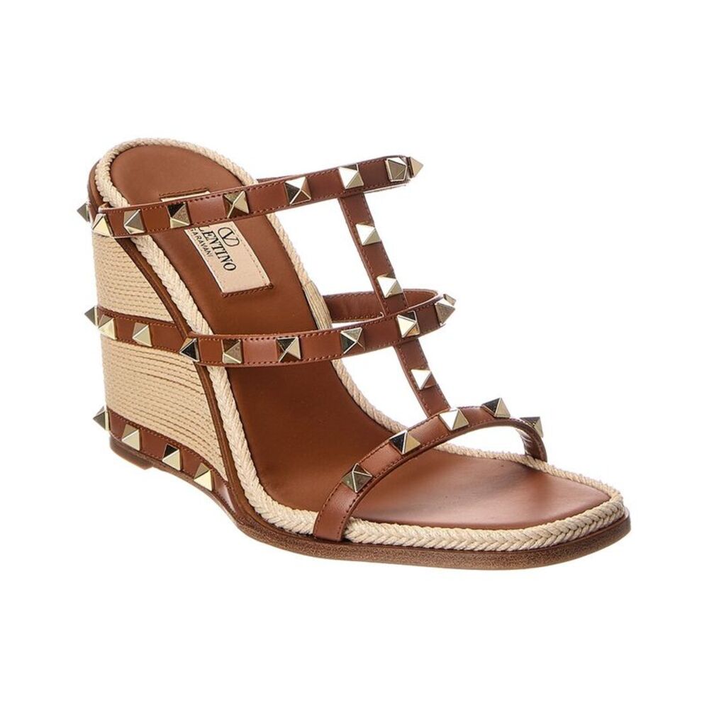 Valentino Rockstud 100 Leather Wedge Sandal, Brown